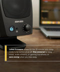 Close-up of D3V Active Desktop Monitoring System Pair with USB C connection and control knob, sleek black finish.