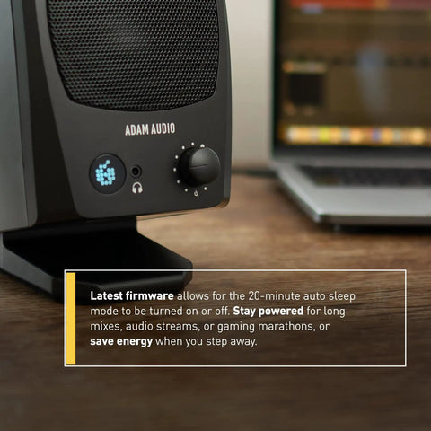 Close-up of D3V Active Desktop Monitoring System Pair with USB C connection and control knob, sleek black finish.