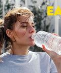 Person drinking water from a plastic bottle with text 'EASY to fill your water bottle' displayed next to them.