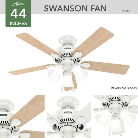 Fresh White 44 Inch Indoor Ceiling Fan With LED Light Pull Chain 5 Blades Standard Mount Ideal For Bedroom Living Room Or Kitchen No Remote Swanson 50885