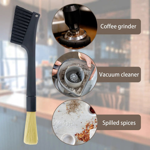 No Sweat Coffee Grinder Brush Set With Removable Heads And Heavy Duty Wood Handles against spilled spices and coffee grinder.