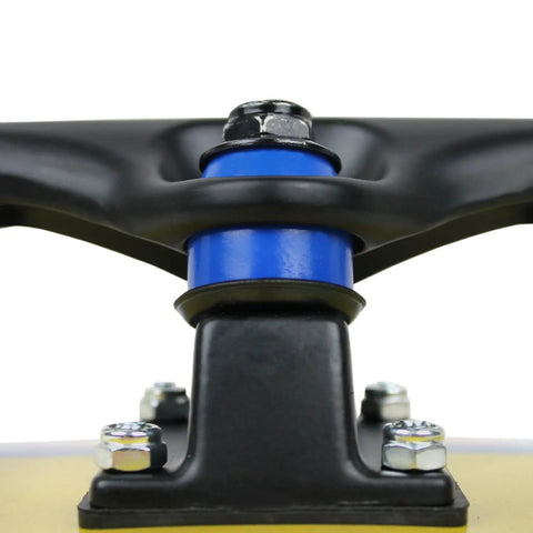 Premium American Longboard And Skateboard Truck Replacement Bushings 4 Pack Soft 88a Blue Cushions close-up on black truck.