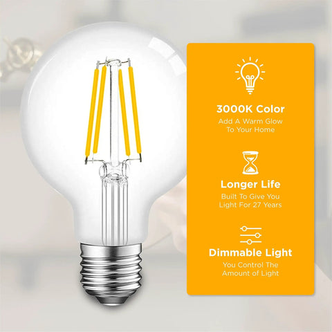 Retro Edison Style LED Bulbs 6W G25 Globe 4 Pack Warm 3000K Soft White Dimmable 60W Equivalent E26 E27 Base indoors