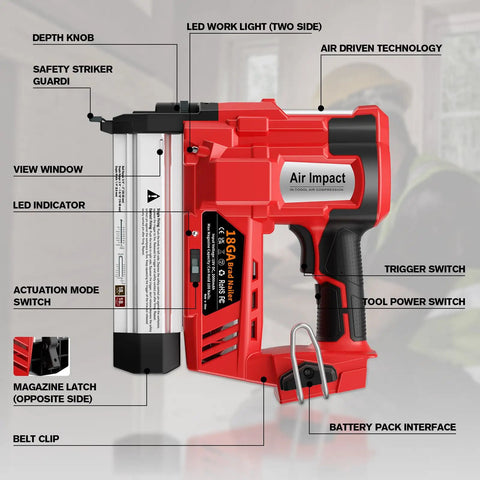 Cordless Brad Nailer And 2 In 1 Electric Staple Gun For Quick Trim Work And Finish Carpentry Battery Powered showing controls and features.