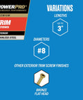 Diagram showing variations of PowerPro premium trim screws, including lengths up to 3 inches and #8 diameters, with bronze flat head option.