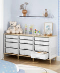 Premium 12 Drawer Storage Cabinet With Wooden Top And White Plastic Bins For Hella Organized Home Offices showcasing teddy bears and toys.