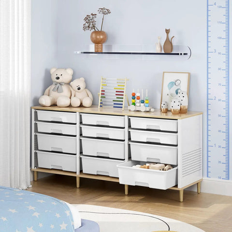 Premium 12 Drawer Storage Cabinet With Wooden Top And White Plastic Bins For Hella Organized Home Offices showcasing teddy bears and toys.
