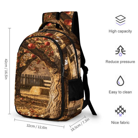 Autumn Apple Orchard Printed Unisex Backpack With Large Capacity, Go-To Durable Polyester Daypack, front and side view.