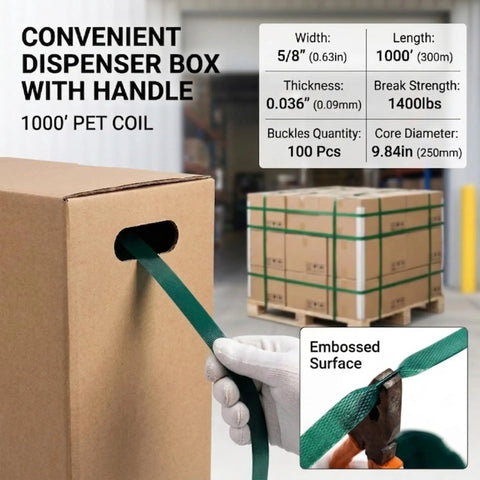 Legit Heavy Duty Poly Banding Strapping Kit With 1000 Ft Pet Strap in dispenser box, featuring green strap and handled packaging.