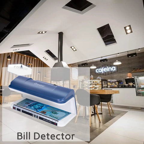 Counterfeit Bill Detector With LED UV Light 365nm Ultra Bright Go To Money Verification Tool placed in a modern cafe environment.