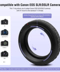 Diagram showing T2 Ring Adapter With 42mm Thread For Canon EOS DSLR SLR Cameras Metal T Mount Telescope Camera Adapter next to compatible camera models.