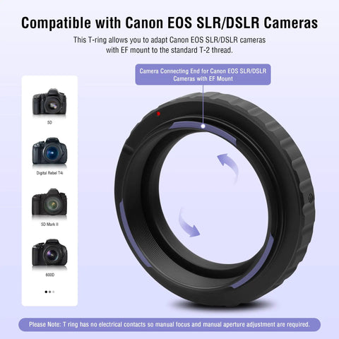 Diagram showing T2 Ring Adapter With 42mm Thread For Canon EOS DSLR SLR Cameras Metal T Mount Telescope Camera Adapter next to compatible camera models.