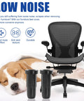 Thirty Pack Chair Foot Pads Packing A Sweet Snug Fit And Heavy Duty Non Marking Treads To Keep Floors Completely Scratch Free While Making Swivel Office Chairs Glide Like Silk Across Desks Or School Rooms Daily, black chair foot pads with ergonomic office chair and a sleeping dog.