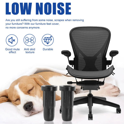 Thirty Pack Chair Foot Pads Packing A Sweet Snug Fit And Heavy Duty Non Marking Treads To Keep Floors Completely Scratch Free While Making Swivel Office Chairs Glide Like Silk Across Desks Or School Rooms Daily, black chair foot pads with ergonomic office chair and a sleeping dog.