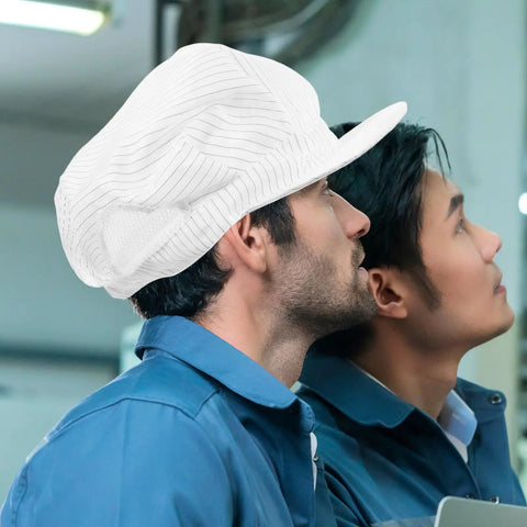 Kickass White Anti Static Mesh Working Hat With Super Breathable Ventilation Dustproof Protective Safety Cap For Food Pharma Electronics Jobs And Real Deal Shop Grinds on a worker's head, side view.