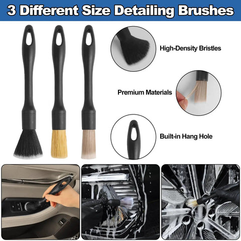 Pro Grade Car Interior Detailing Kit With Extendable Windshield Cleaner Tool, 14 Piece Set, close-up of three size brushes