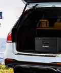 Dude Ready 12 Volt Pull Out Refrigerator 33 Quart App Controlled Portable Car Fridge Freezer in SUV trunk for outdoor trips.