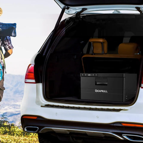 Dude Ready 12 Volt Pull Out Refrigerator 33 Quart App Controlled Portable Car Fridge Freezer in SUV trunk for outdoor trips.