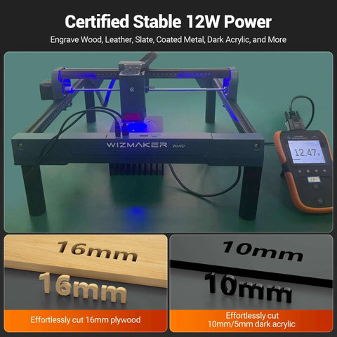 Front view of WIZMAKER desktop laser engraver, 12W, 300×300mm work area, suitable for wood, acrylic, metal