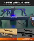 12W Laser Engraver With 300x300mm Work Area, Diode Laser Cutter shown with power gauge and engraved wood and acrylic samples