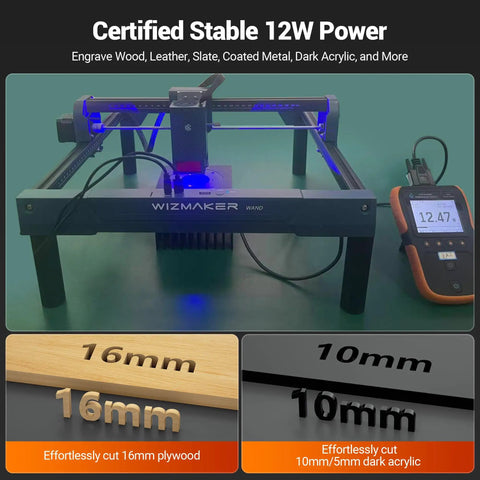 12W Laser Engraver With 300x300mm Work Area, Diode Laser Cutter shown with power gauge and engraved wood and acrylic samples