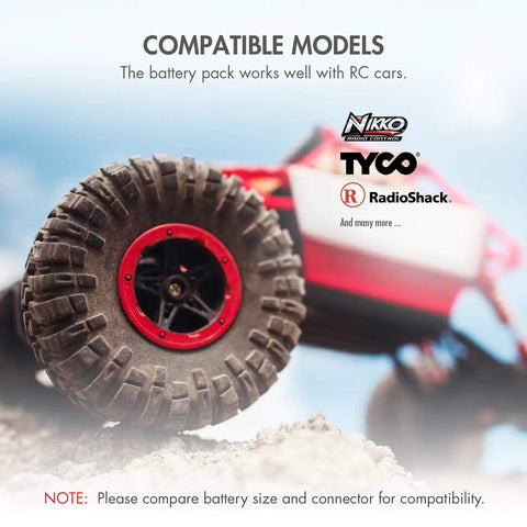 RC car tire with compatible models text and logos, highlighting Beefed-Up 9.6V NiMH RC Battery Pack, 8-Cell 2000mAh use.
