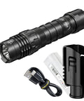 P10iX Tactical Flashlight Floodlight 4000 Lumen Beam With USB C Rechargeable Power, holster, USB-C cable, and pocket clip