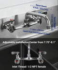 Real Deal 8 Inch Wall Mount Commercial Kitchen Sink Faucet Featuring Badass Solid Brass Build Ridiculously Slick Chrome Shield And Dead Simple Heavy Duty Restaurant Jobs showing spout reach and height dimensions.