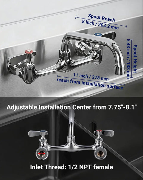 Real Deal 8 Inch Wall Mount Commercial Kitchen Sink Faucet Featuring Badass Solid Brass Build Ridiculously Slick Chrome Shield And Dead Simple Heavy Duty Restaurant Jobs showing spout reach and height dimensions.