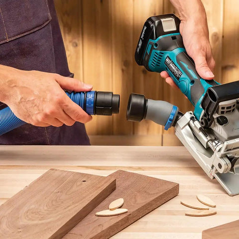Using Click-Connect 1-1/4 Inch ID FlexiPort Dust Collector Adapter With No Slip Durability on power tool for dust collection
