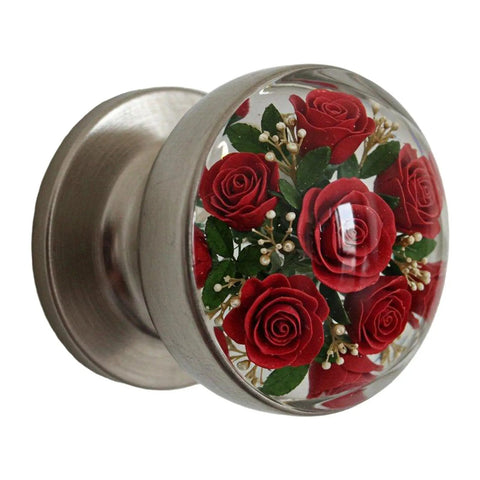 Kickstart Your Home Refresh With Vintage Floral Resin Cabinet Handles Featuring Smooth Gliding Drawer Pulls And Rock Solid Metal Hardware For Adding Old School Charm To Any Dresser Upgrade. Round red floral resin cabinet handle with metal backing.