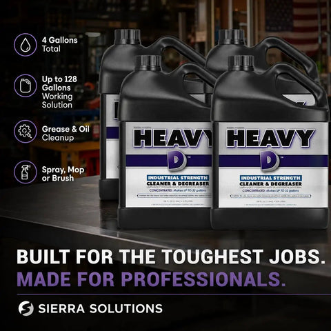 Heavy Duty Industrial Degreaser Concentrate in four gallon jugs, designed for tough grease and oil cleanup.