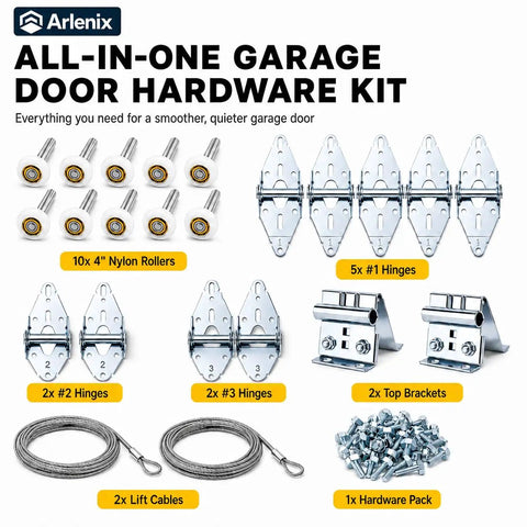 Solid Workhorse 7 Foot Overhead Garage Door Tune Up Kit with Durable Nylon Rollers, steel hinges, lift cables, and hardware.