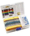 Arduino Project Essentials Kit With 600 Resistors From 10 Ohm To 1 MOhm Across 30 Values And 200 5mm LEDs In 5 Colors For Quick Circuit Testing And Prototyping No Solder Required featuring organized resistors and blue LEDs in a plastic case.