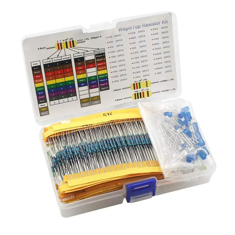 Arduino Project Essentials Kit With 600 Resistors From 10 Ohm To 1 MOhm Across 30 Values And 200 5mm LEDs In 5 Colors For Quick Circuit Testing And Prototyping No Solder Required featuring organized resistors and blue LEDs in a plastic case.