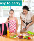 Mother and daughter with lunchbox and food, showing easy to carry school or picnic meal setup.