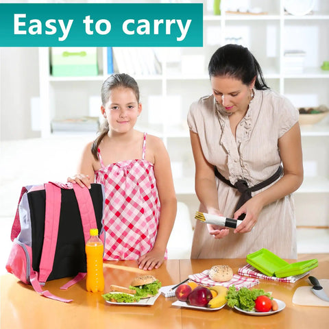 Mother and daughter with lunchbox and food, showing easy to carry school or picnic meal setup.