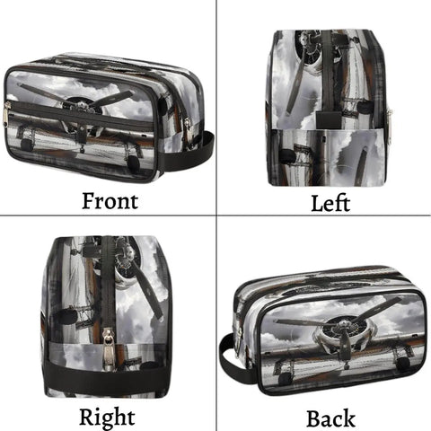 Go-To Vintage Airplane Travel Toiletry Bag for Women and Men, Dopp Kit Style with airplane print, front, left, right, back views