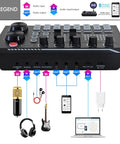Comprehensive Podcast Gear Bundle With BM-800 Microphone Gold and F998 Audio Interface, showing connections and device compatibility.