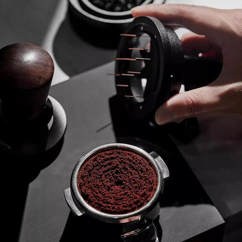 Heavy Duty Stainless Steel Espresso Distribution Tool 58Mm With Nine Precision Needles And Adjustable Stand over coffee grounds.