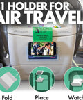 Airplane Travel Phone Holder, Flexible Folding Desk Stand For Bed, Office, And Treadmill, Hands Free Viewing At Eye Level on airplane seat.