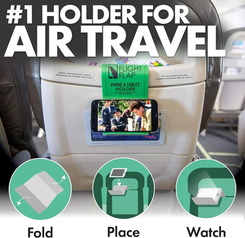 Airplane Travel Phone Holder, Flexible Folding Desk Stand For Bed, Office, And Treadmill, Hands Free Viewing At Eye Level on airplane seat.