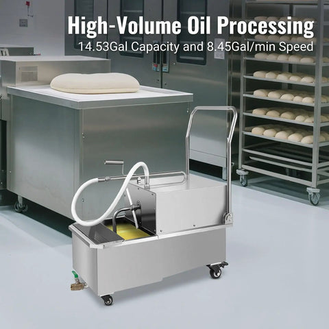 Heavy Duty Commercial Mobile Fryer Oil Filter Cart Wagon With 55 Liter Tank And 14.5 Gallon Capacity Offers Super Fast 550 Watt Filtration Pumping Up To 8.45 Gpm For Deep Fryers Keeping Kitchen Clean in a stainless steel setting.