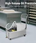 Heavy Duty Commercial Fryer Filter Machine For 55 Gallon Oil Filtration Mobile Kitchen Pump Built Like A Tank With Stainless Steel Body And Overload Safety Protection Bulletproof Restaurant Gear in a kitchen setup.
