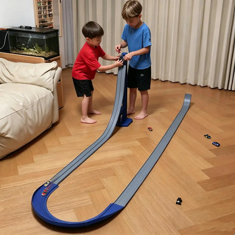Kids playing with Flexible Dual Lane Race Track Set With U Turn Design For Kids 13 Feet Of Track Length DIY Curves To Build Unique Turns Two Lanes For Side By Side And Overtake Fun Compatible With 1 To 64 Scale Diecast Cars on wooden floor