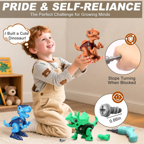 Child playing with Take Apart Dinosaur Toys For Kids Aged 3 To 8 STEM Construction Building Kit With Electric Drill