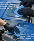 Hands using Top Notch Heavy Duty Cleanroom Wipes lint free cloths ultra absorbent towels on electronics and machines.
