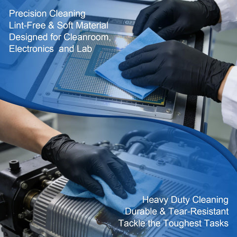 Hands using Top Notch Heavy Duty Cleanroom Wipes lint free cloths ultra absorbent towels on electronics and machines.