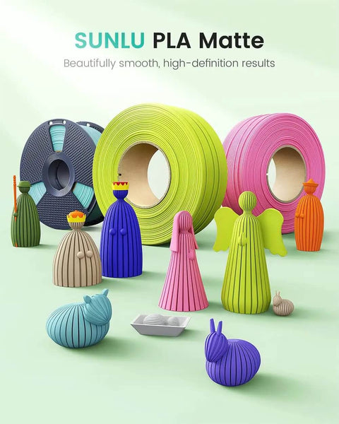 Sunlu PLA Matte filament rolls in various colors with 3D printed model figures, highlighting clean surfaces and premium design.