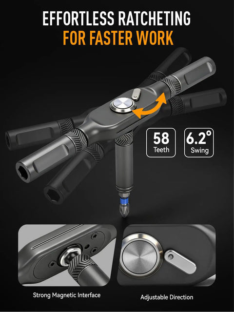 78 In 1 Magnetic Ratchet Screwdriver Set With Detachable T Handle And Diamond Faceted Grip, features 58 teeth and adjustable direction for efficiency.